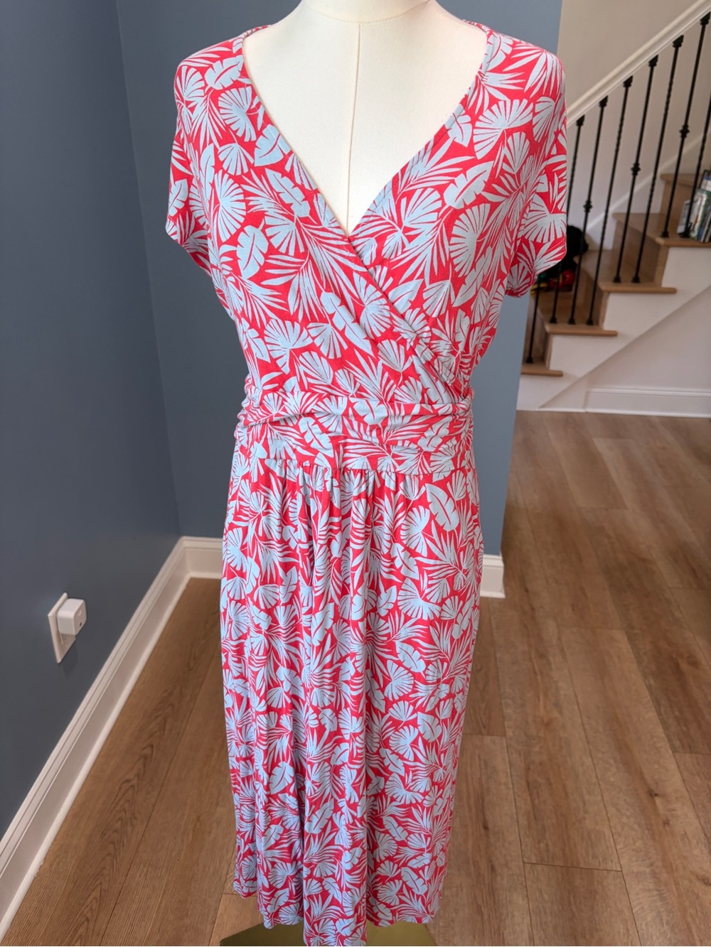 Boden Tropical Palm Print Wrap Midi Dress Coral Blue US 8L UK 12